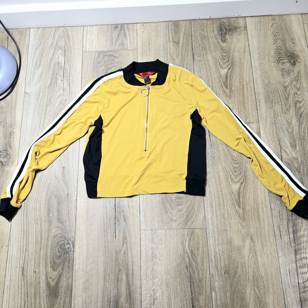 Hot kiss Mustard‎ Black Long Sleeves Women's Cropped Zip Top Size Medium
